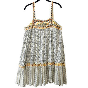 FREE PEOPLE Sz M Ivory Linen Boarderline Floral Sun Festival BOHO Tank Dress